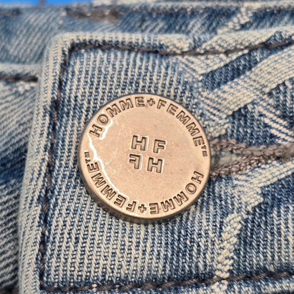 Homme Femme Monogram Denim Jeans Light Wash Blue HF Logo Streetwear Mens‎ 36 - Picture 6 of 7
